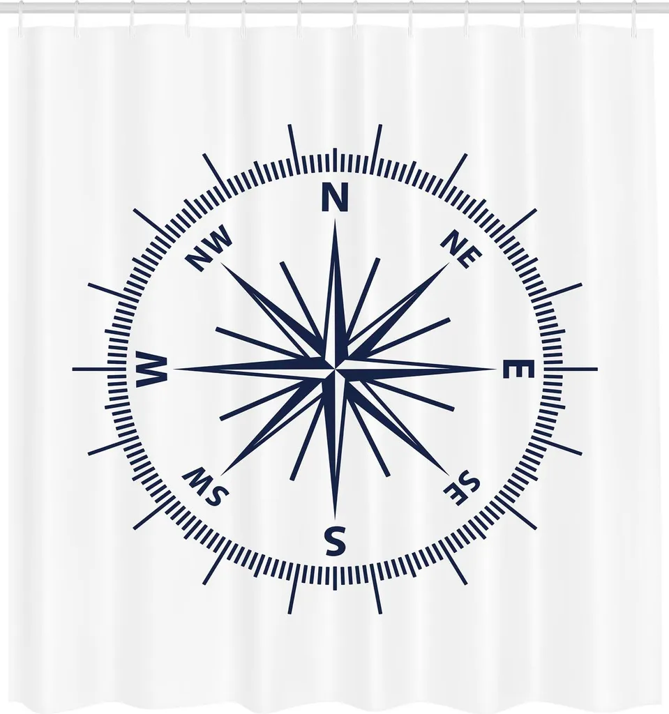ABAKUHAUS Tenda da doccia in stile marittimo, disegno monocromatico con rosa dei venti e bussola, stampa grafica semplice, 175 x 200 cm, blu navy e bianco - 2
