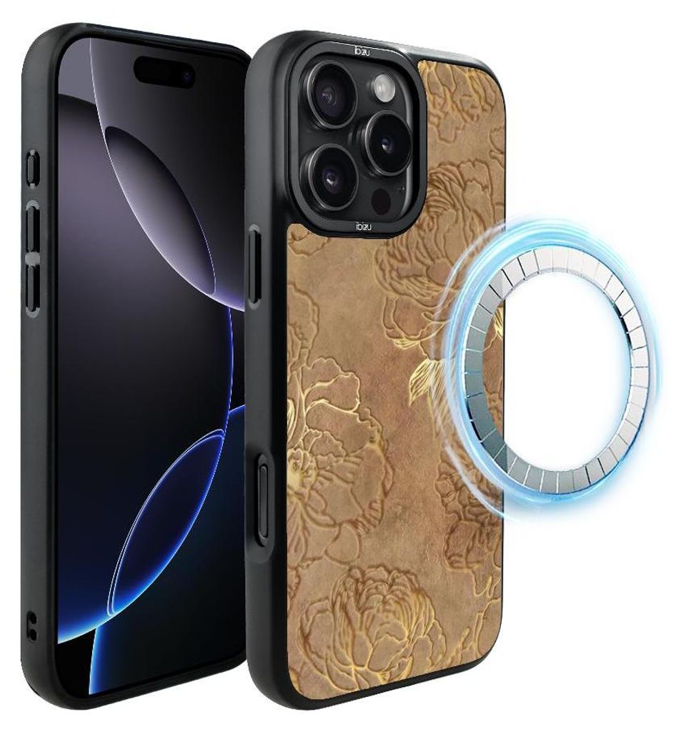 Schutzhülle für das iPhone 16 Pro, MagSafe-kompatibel, mattschwarze Seiten, Goldene Pfingstrosen