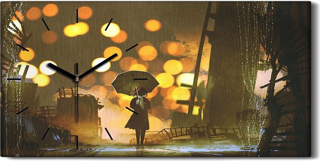 Wandkunst Leinwand Bild Uhr 60x30 regnerische Nacht Frau mit Regenschirm - schwarze Hände