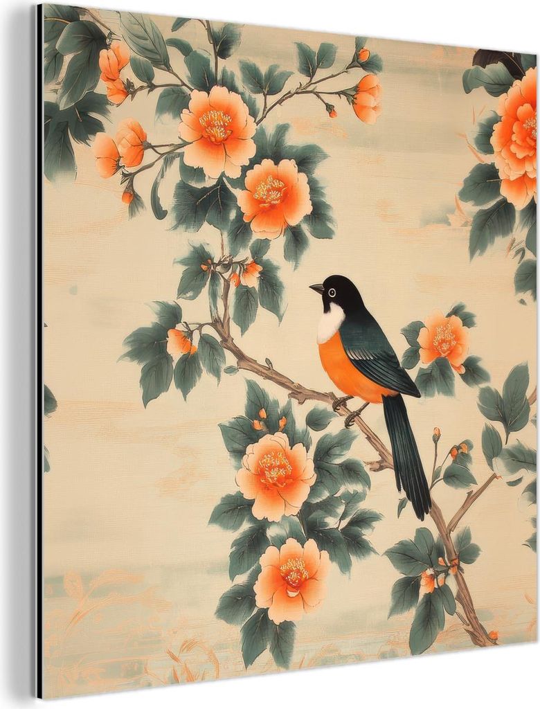 MuchoWow Wanddekoration Metall Metallbild Wandkunst 50x50 cm Vogel - Zweig - Blumen - Orange MuchoWow Aluminium Gemälde - Alubild - Industrial
