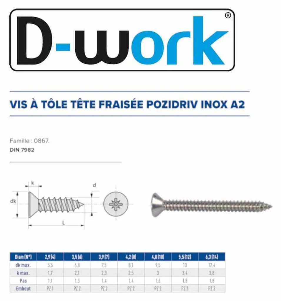 200 Vis à Tôle Tête Fraisée 4.8 x 50.8 mm Inox A2 DIN 7982 D-Work