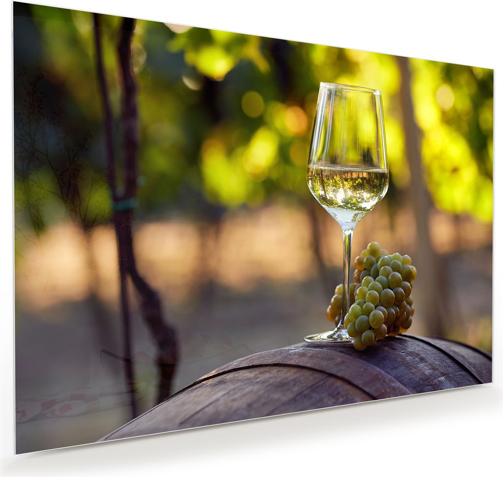 Glasbild Wandbild Glas Weisswein auf Barrel 100x70cm in XXL für Wohnzimmer, Schlafzimmer, Badezimmer, Flur