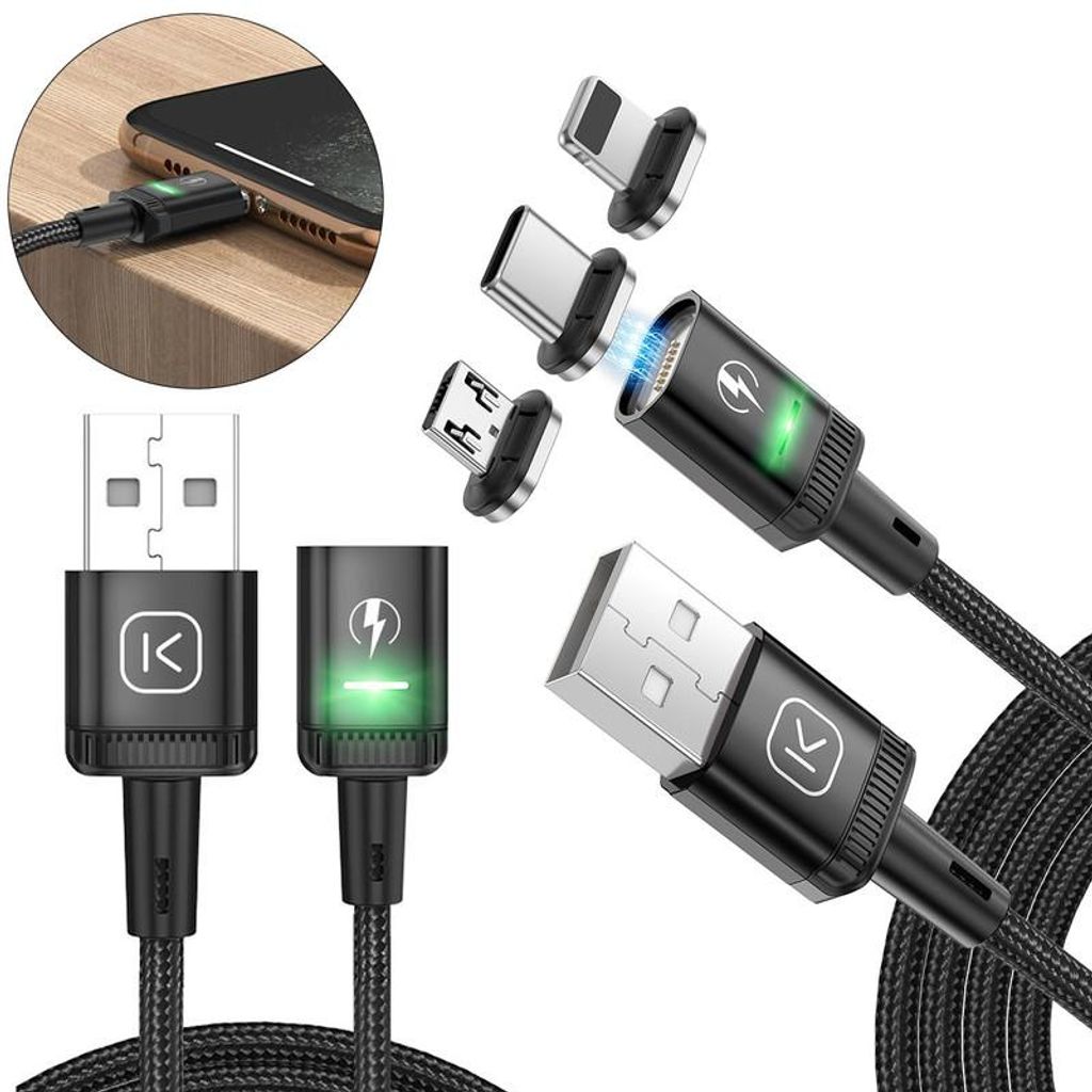 2M Magnetisches 3-in-1 Ladegerät – Lightning, USB-C & Micro-USB, Nylon-ummanteltes Kabel, 3A Schnellladung, Magnetisches Handy-Ladegerät