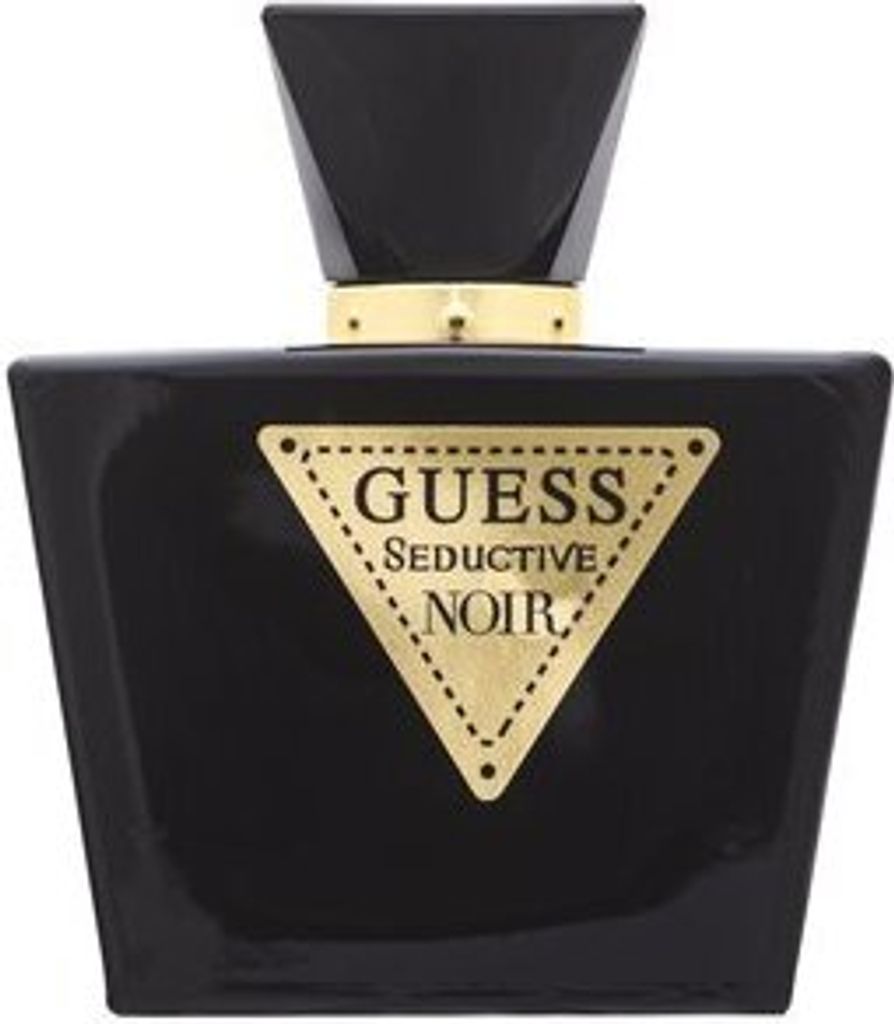A black perfume bottle with a gold label.