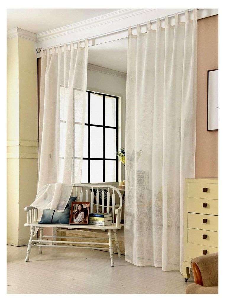 Transparente Gardine mit Schlaufen, Fensterschal in Leinen-Optik, Dekoschal für Schlafzimmer, Kinderzimmer und Küche, Creme, 140x245 cm, 2 Stück
