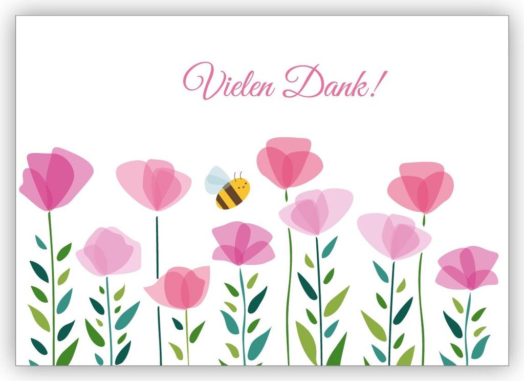 Fröhliche Dankes Karte mit Blumen und kleiner Biene: Vielen Dank
