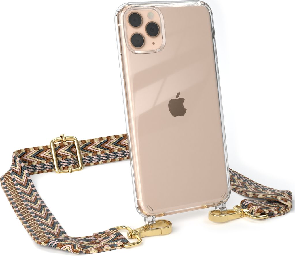 EAZY CASE Handykette - Verstellbarer Trageriemen kompatibel mit Apple iPhone 11 Pro Max, Handykordel mit transparenter Silikon-Hülle, Band in Braun