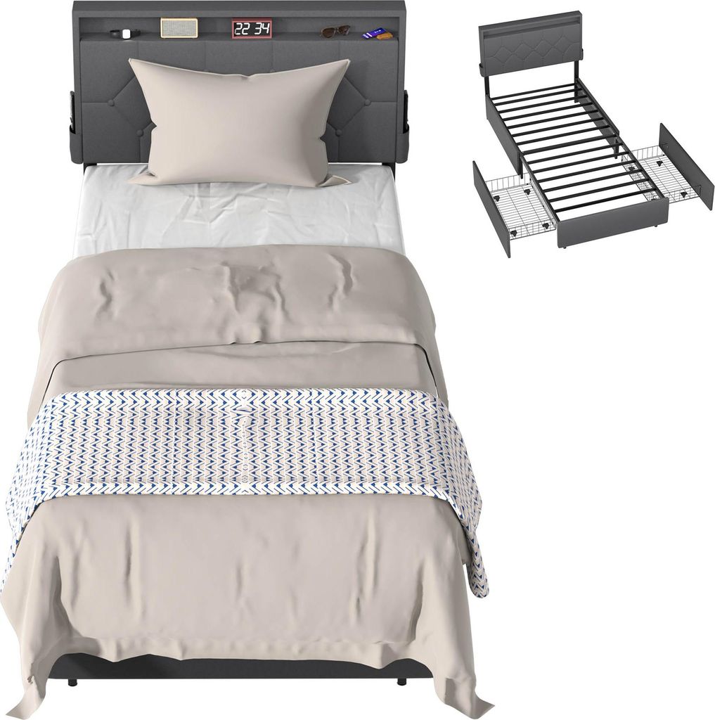 LZQ Polsterbett 90x200 cm mit 2 Schubladen, Einzelbett mit Stauraum & gepolstertem Kopfteil, Leinen Bettgestell inkl. Lattenrost, ohne Matratze, Du...