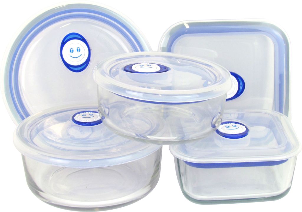 Frischhaltedosen 5er-Set - 10-teilig - aus Glas mit Kunststoffdeckel - Rund und Quadratisch - Volumen 400-800ml - Spülmaschinenfest, Mikrowellenge...