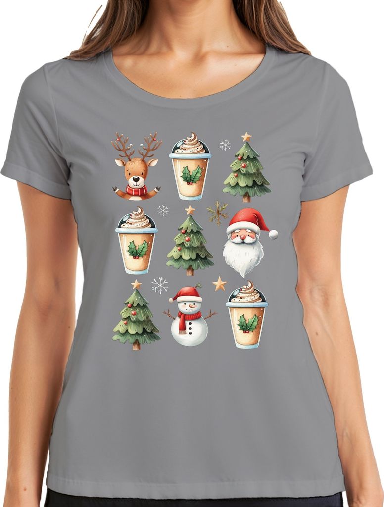 Rentier Kaffee Weihnachtsoutfit - Weihnachten Weihnachtsgeschenk Christmas Damen T-Shirt, Grau, M