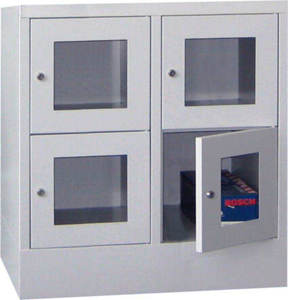 Schließfachschrank - Sichtfenstertüren - 4 Fächer a 400 mm - 855x800x500 mm (HxBxT) - Sockel - Drehriegel - himmelblau/resedagrün