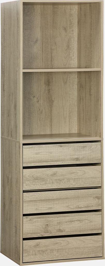 A tall, narrow, light brown wooden dresser with four drawers and two open shelves above.