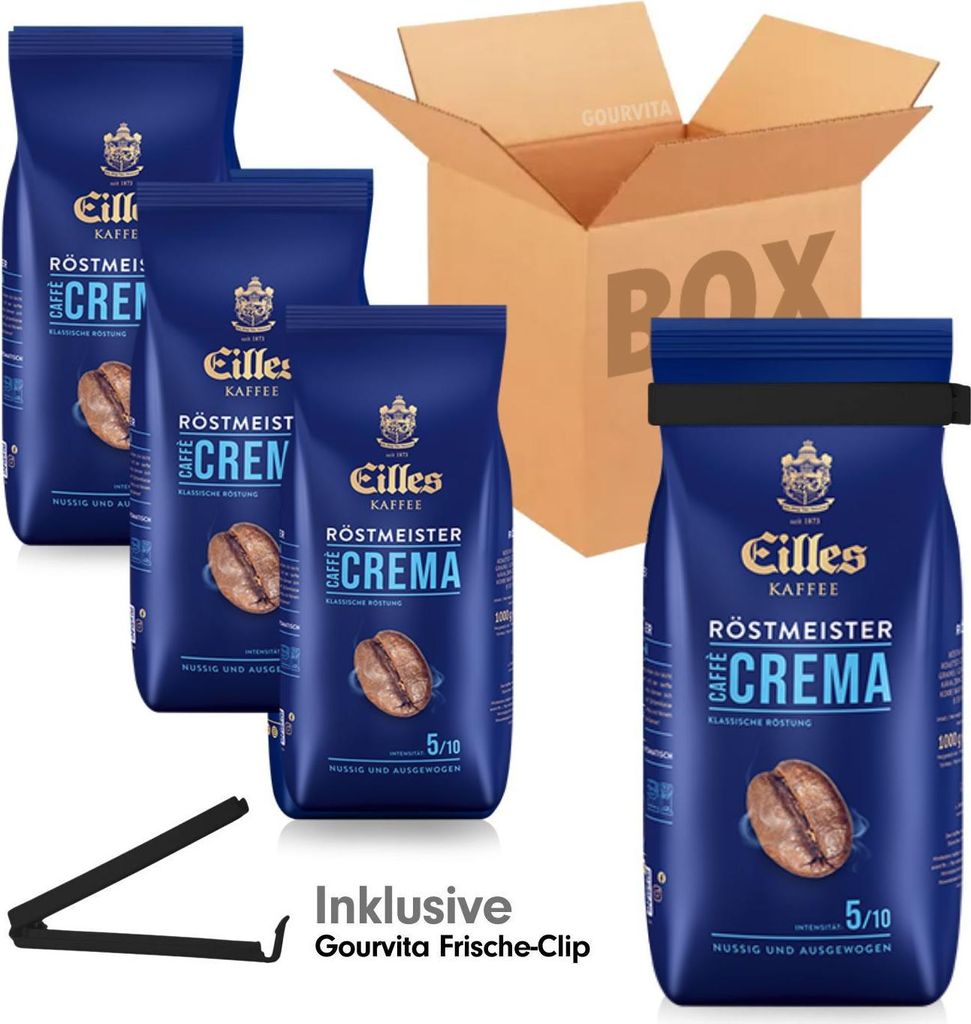 Eilles Kaffee SPARBOX Röstmeister Caffè Crema + gratis Gourvita Frische-Clip, 4x1000g Bohnen