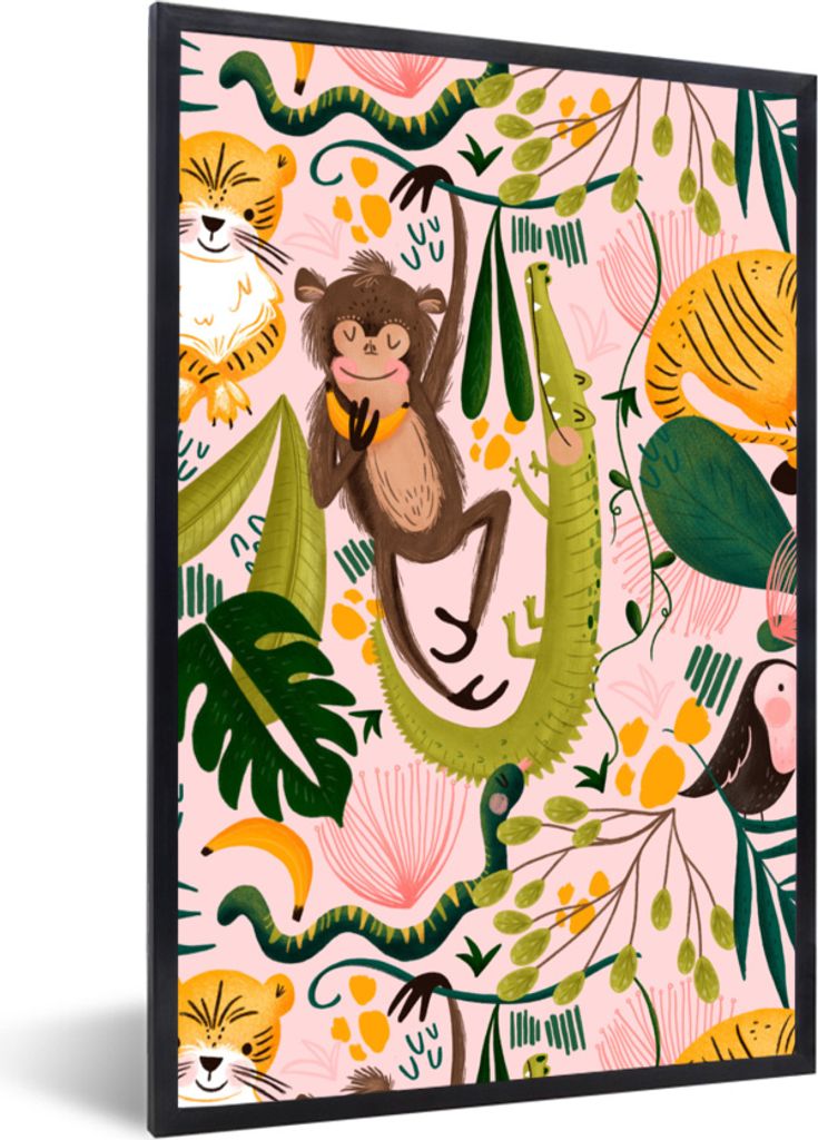 MuchoWow MuchoWow Gerahmtes Poster Dschungel - Pflanzen - Tiere - Rosa 20x30 cm - Poster mit zchwarzem Bilderrahmen - Drucken - Bilder Poster i...