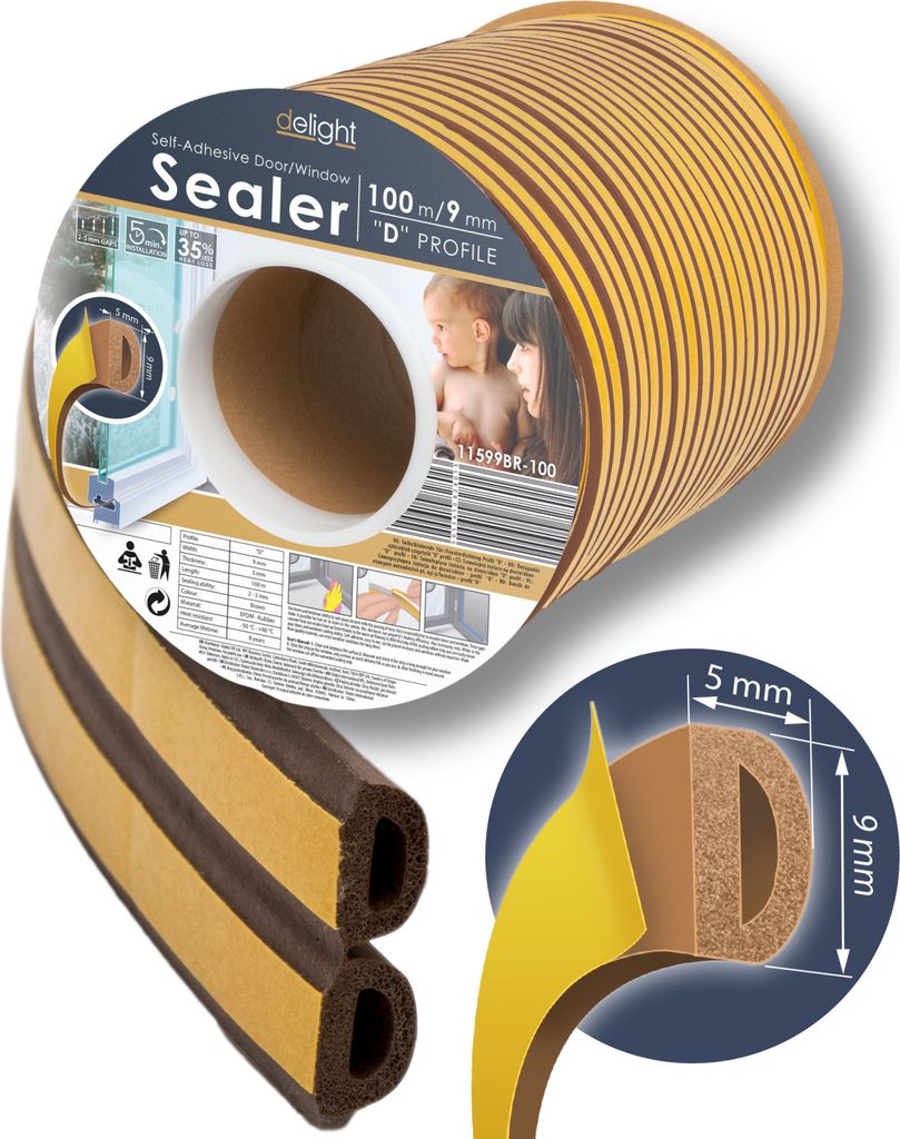 Dichtungsstreifen für Türen – Dichtungsstreifen für Fenster – 100 Meter – selbstklebend – D-Profil – braun