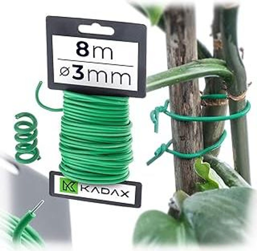 KADAX Gartendraht 3mm x 8m, grüner Bindedraht zum Befestigen von Pflanzen, Pflanzendraht gummiert, wetterfester Draht für Garten, Blumendraht umm...