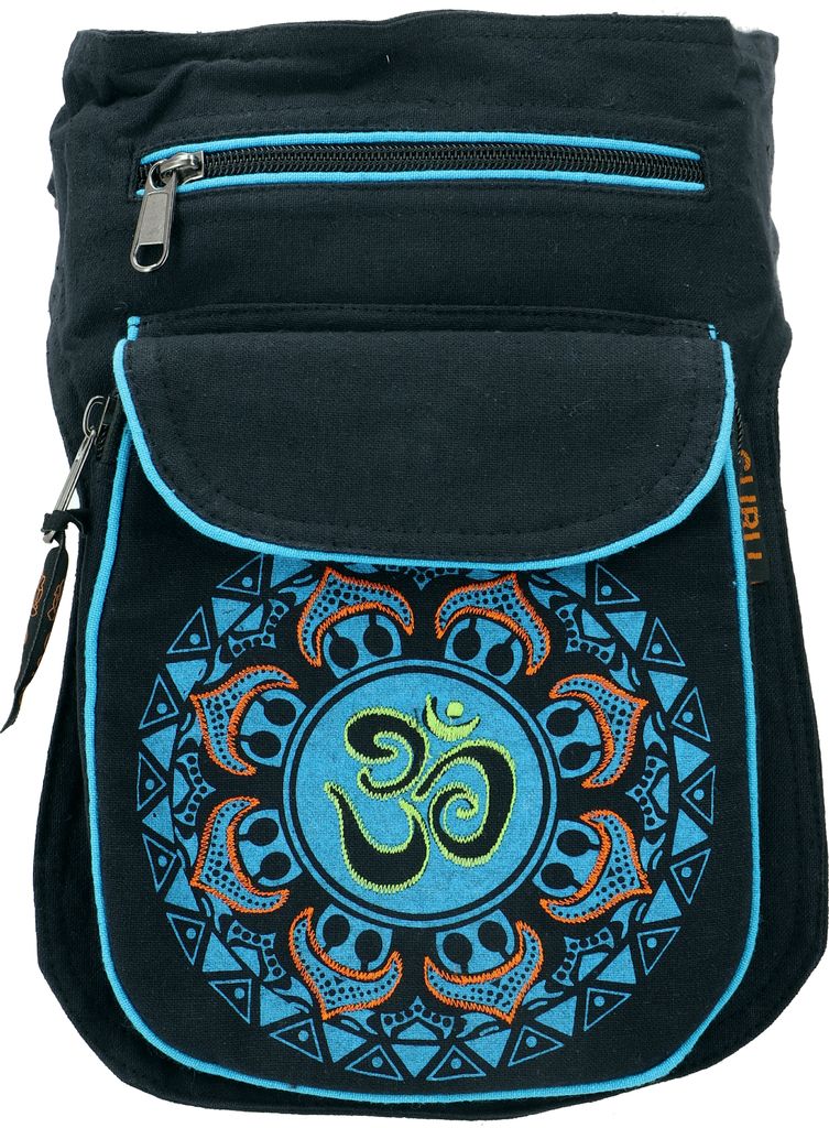 Stoff Sidebag & Gürteltasche Aum Mandala, Goa Gürteltasche, Bauchtasche - Schwarz/türkis, Uni - Erwachsene, Blau, Baumwolle, 25*17*4 cm, Festiva...
