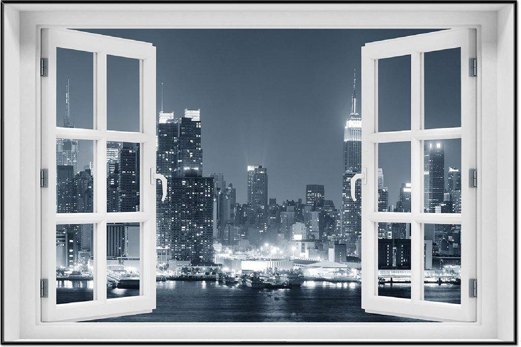 Wallario Wandbild mit Fenster-Illusion: New York Skyline - Schwarz Weiß Blau, Größe: 61 x 91,5 cm, Poster mit schwarzem Aluminiumrahmen