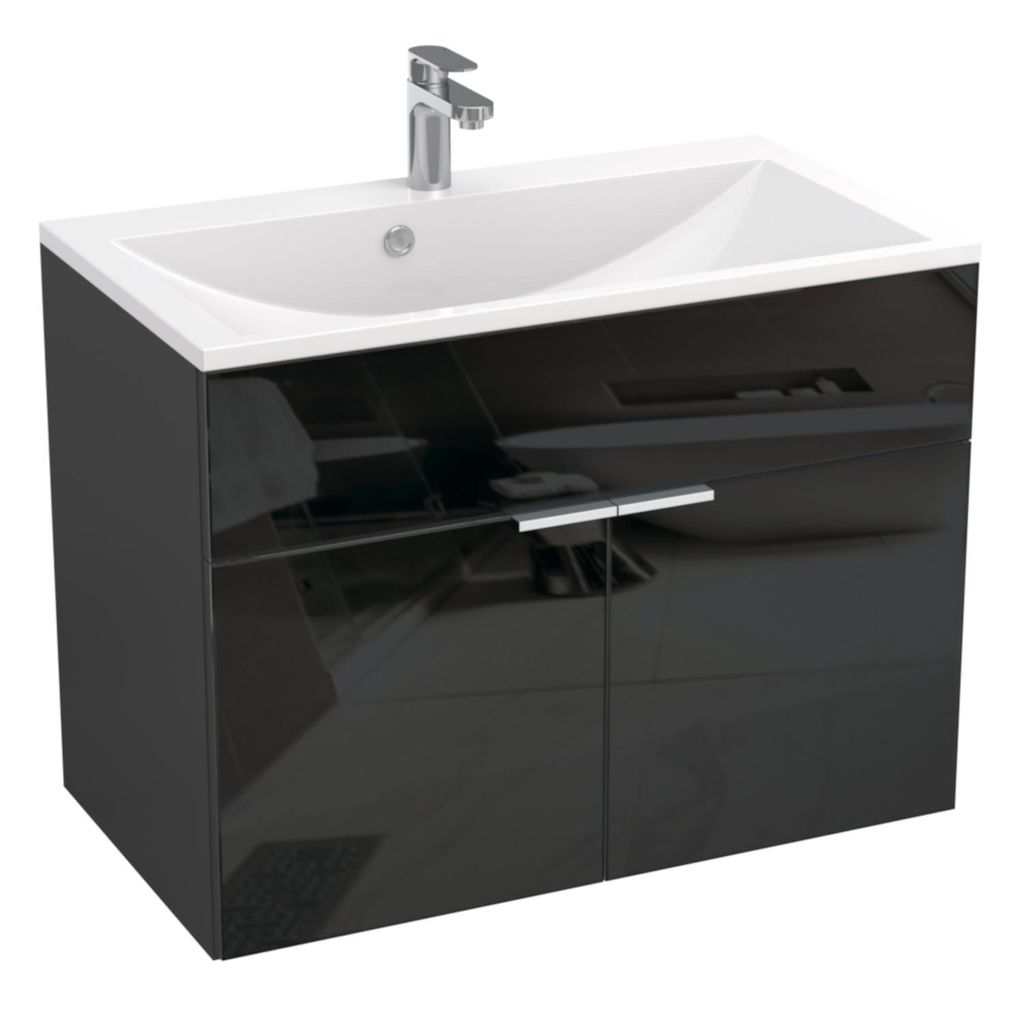 Hängender Waschbeckenunterschrank ZONE mit Keramik Waschbecken 80 cm Graphite Hochglanz - Front aus Glas Badezimmermöbel mit 2 Schubladen