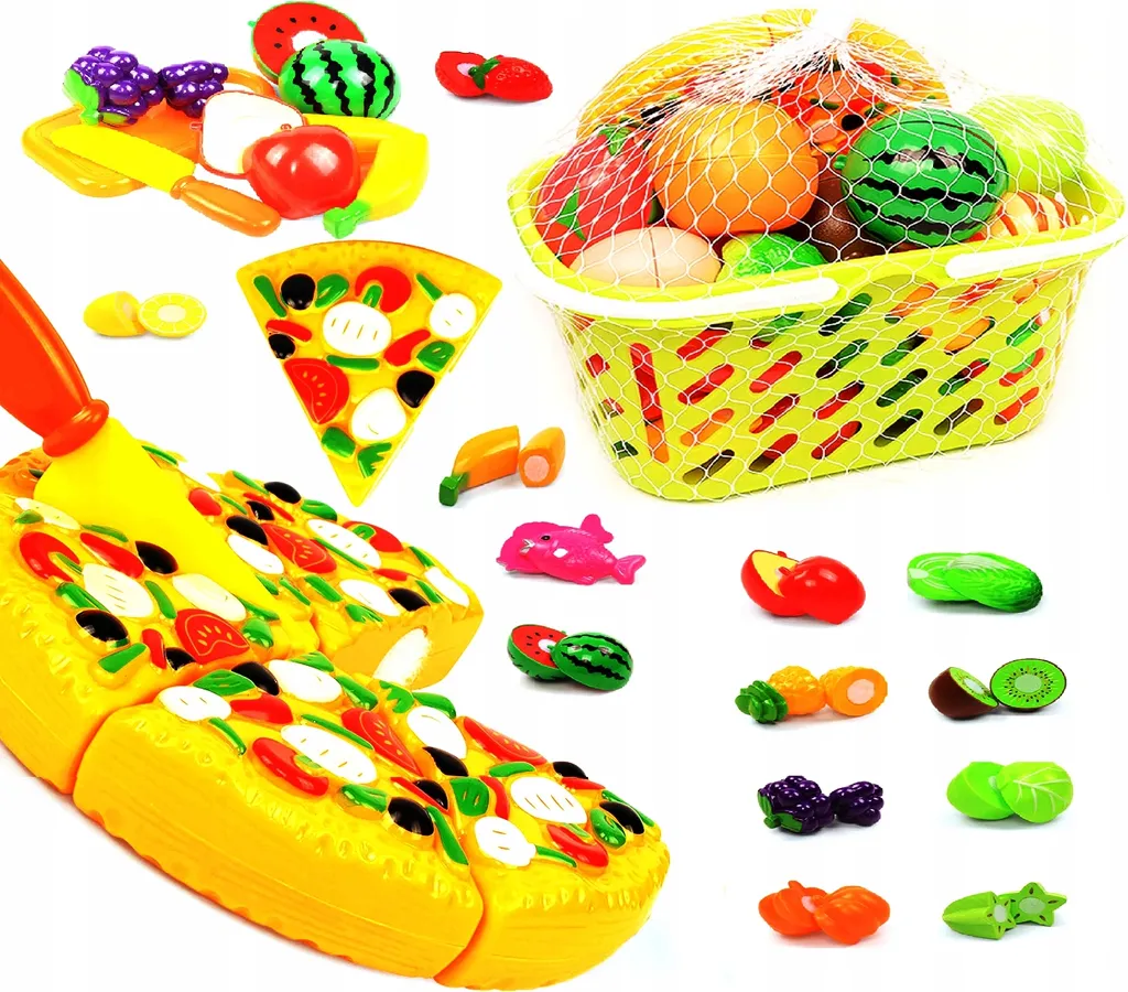 Panier de légumes 8684 avec pizza et fruits en plastique réaliste