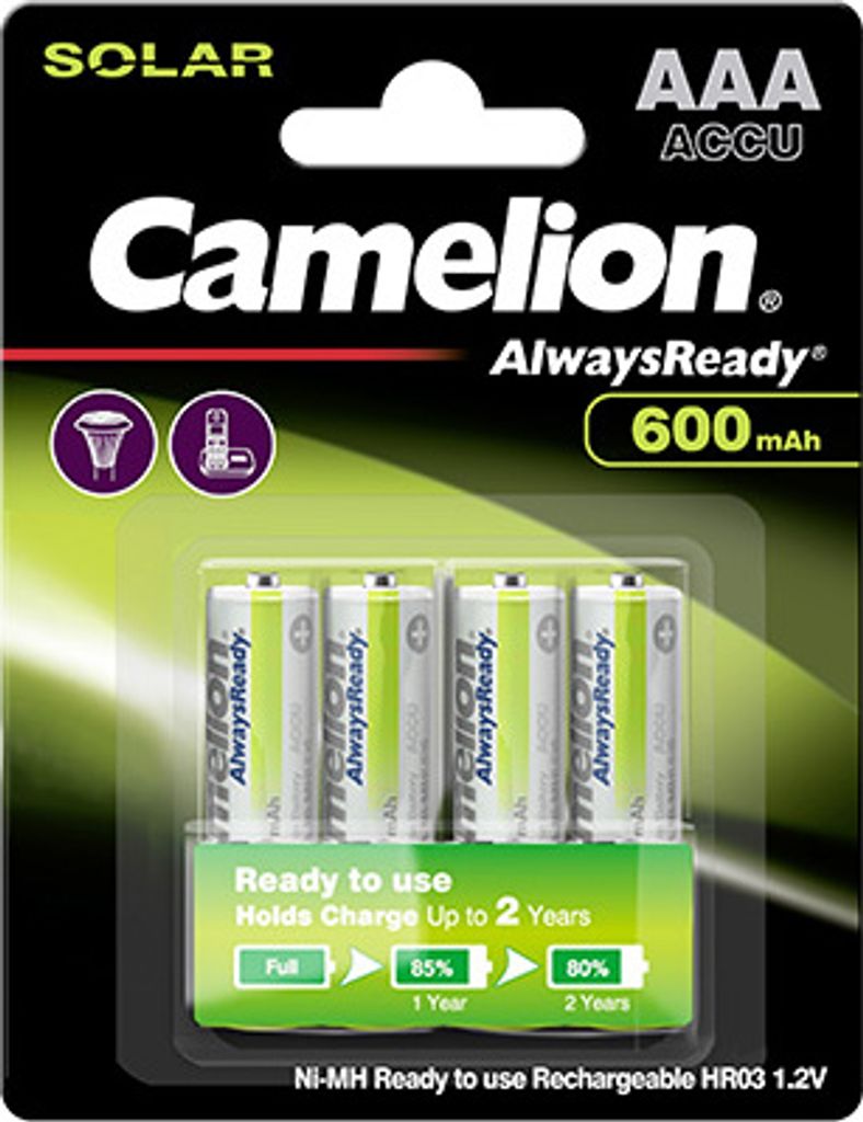 A retail package of Camelion AAA rechargeable batteries.