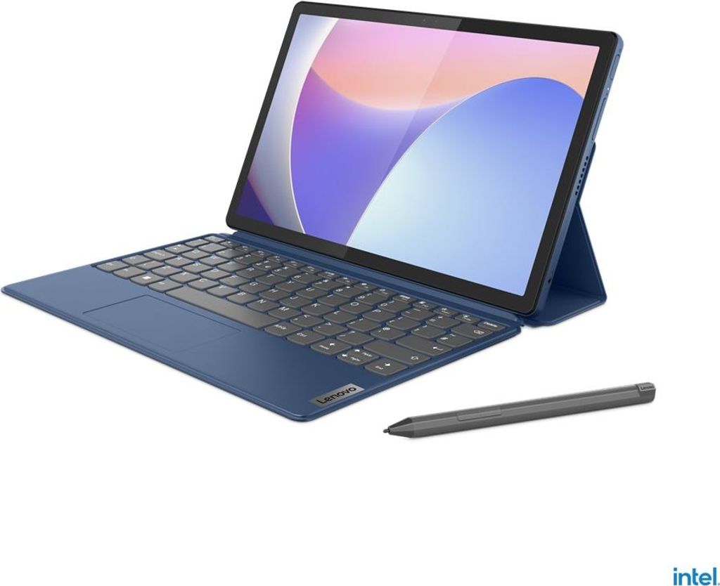A blue Lenovo IdeaPad Duet tablet with a detachable keyboard and a stylus, shown on a white background.
