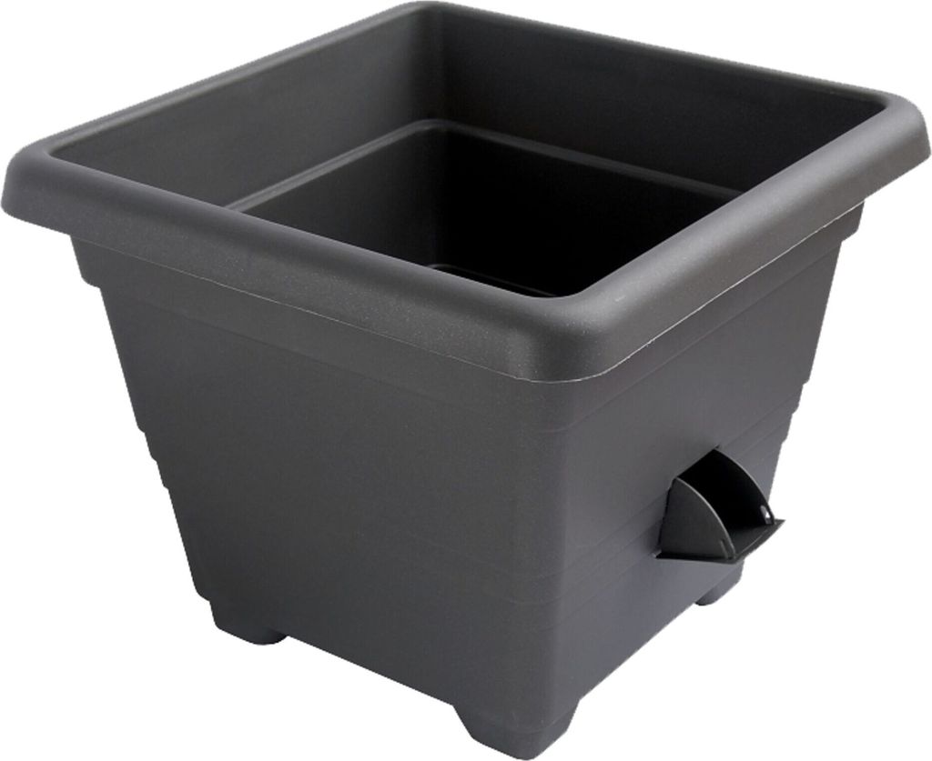 A dark gray, square plastic planter with a self-watering feature is shown against a white background.
