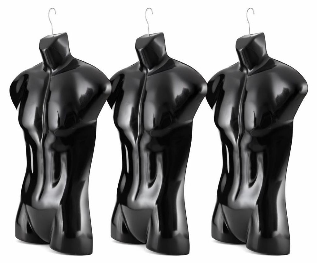 3er SetTorso männlich - 77 cm Herrentorso aus Kunststoff - Oberkörper Halbplastik in Farbe Schwarz - Mannequin Büste - Halbschale Herrenbody - S...