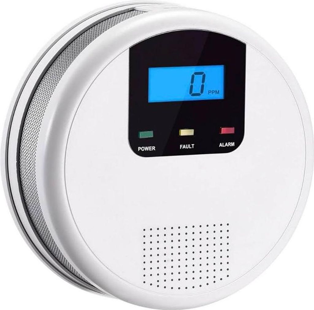 A white carbon monoxide detector with a digital display.