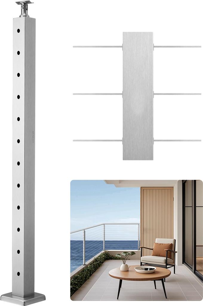 VEVOR Kabelgeländerpfosten, 106,7x5x5 cm Geländerpfosten, Edelstahldraht-Ziehung, Terrassengeländer, vorgebohrte Pfosten mit Montagehalterung, T...