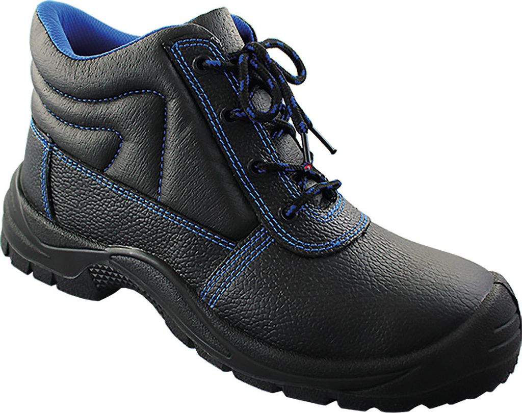 A black work boot with blue stitching and laces, shown against a white background.