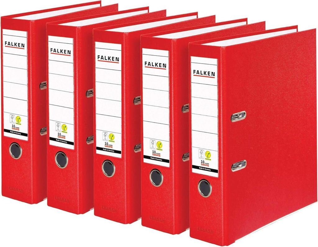 Original Falken 5er Pack PP-Color Kunststoff-Ordner. Germany. 8 cm breit DIN A4 rot Vegan Ringordner Aktenordner Briefordner Büroordner Plastikor...
