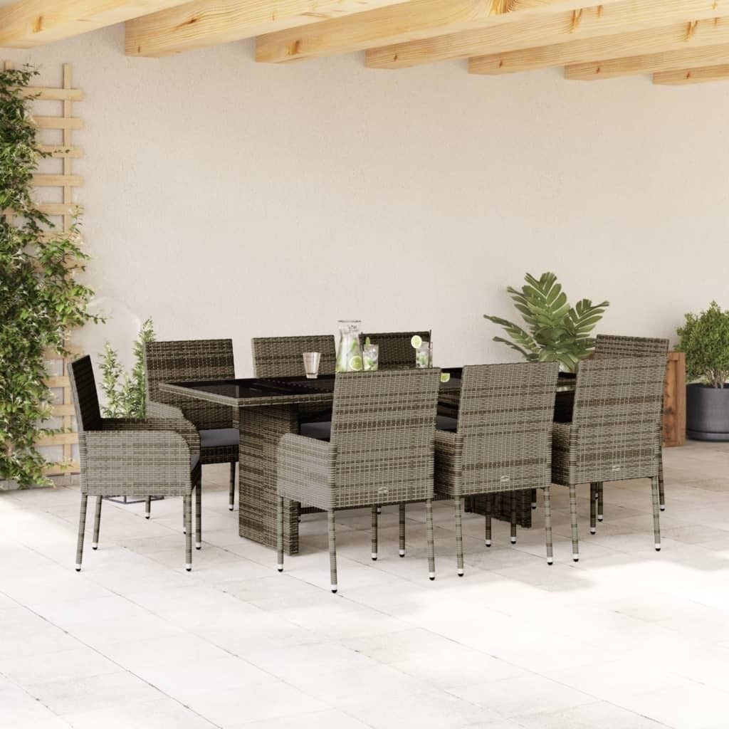 Maison Exclusive - 9-tlg. Garten-Essgruppe mit Kissen Grau Poly Rattan