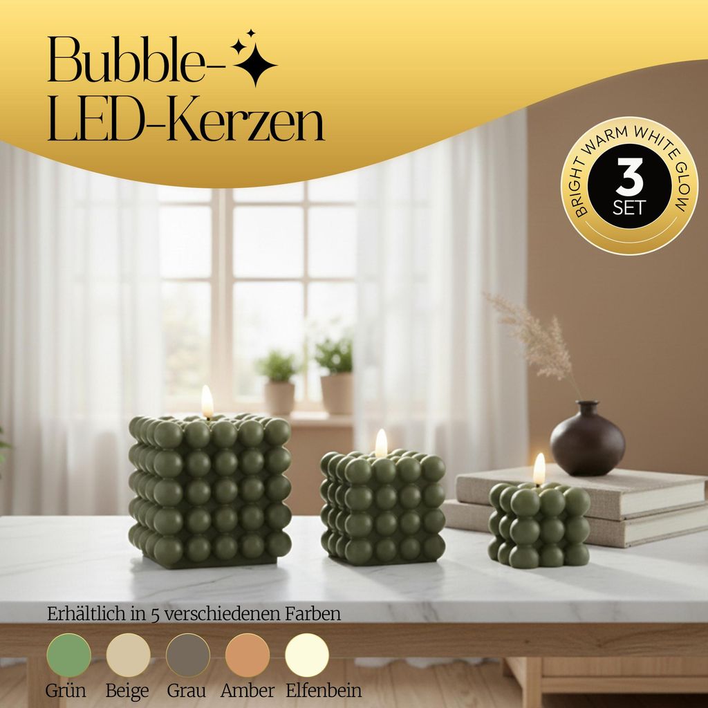 Meisterhome LED-Kerzen-Set 3er – Bubble-Design, Beige, Timer, Flackerlicht, Warmweiß, 12/9/7,5 Cm, Batteriebetrieben