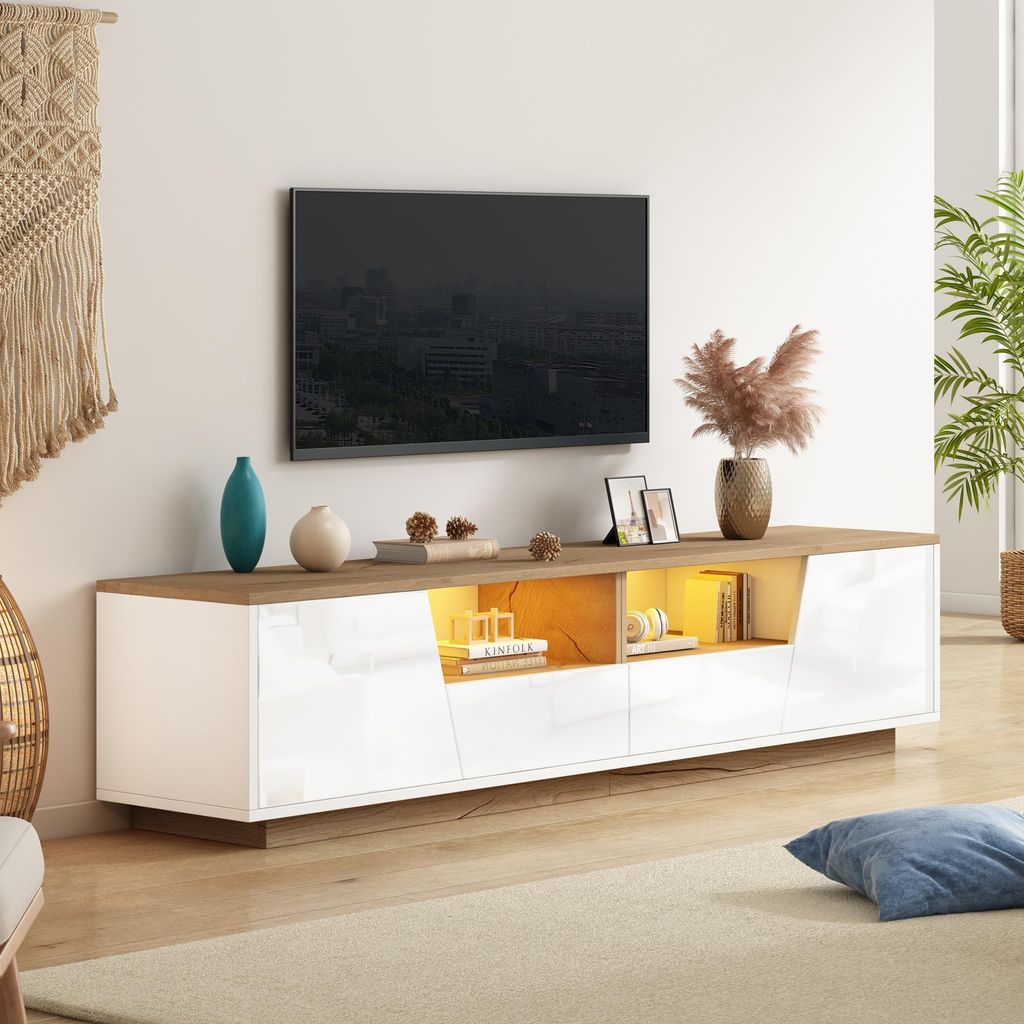 Merax TV Schrank 180x40x46cm, TV Lowboard für Fernseher bis 75 Zoll, TV Möbel mit LED-Beleuchtung per App steuerbar, Hochglanz Front, Weiß+Holzf...