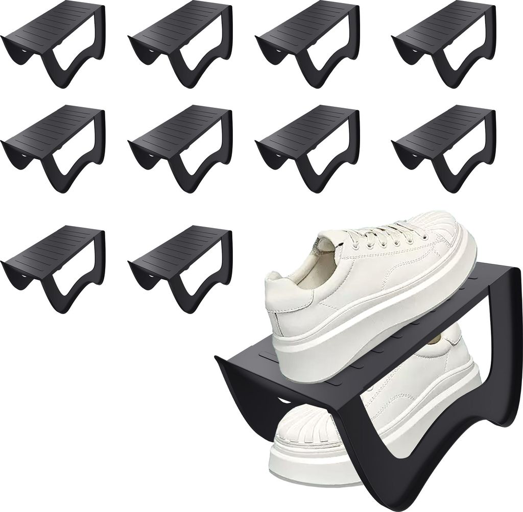 UISEBRT Schwarz Schuhregal aus PP-Kunststoff, platzsparend, rutschfest, doppelstöckig, für Sneakers, High Heels und Stiefel, 10er Pack, für Eing...
