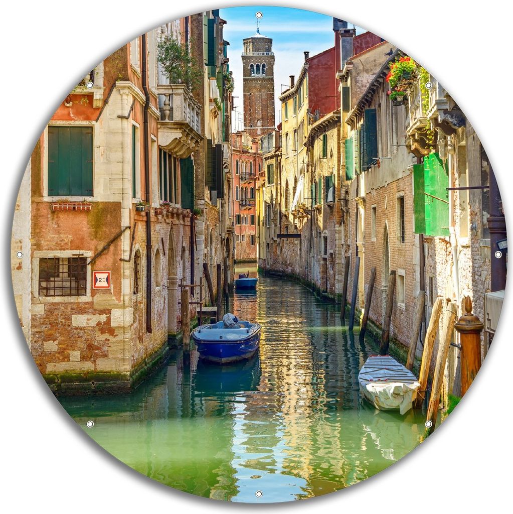 Wallario rundes Outdoor-Poster für Garten oder Balkon, Motiv Urlaub in Venedig Kanal zwischen bunten Häusern, 60 cm Durchmesser