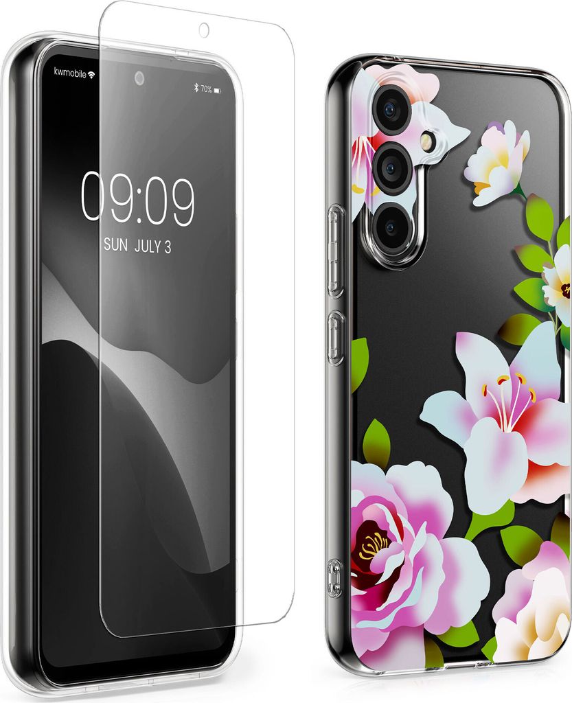 kwmobile Hülle kompatibel mit Samsung Galaxy A54 5G Handyhülle - Silikon Case transparent - Mit Glas Schutzfolie - Frühling Rosen Hellrosa Weiß
