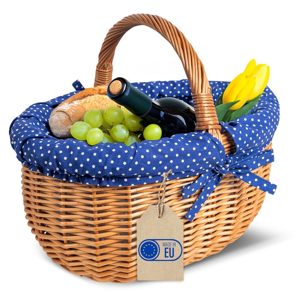 Creative Home Großer Picknickkorb mit Stoffeinlage blau mit Pünktchen | Weidenkorb mit Henkel | Einkaufskorb 43 x 32 x 37 cm (+/- 2 cm)