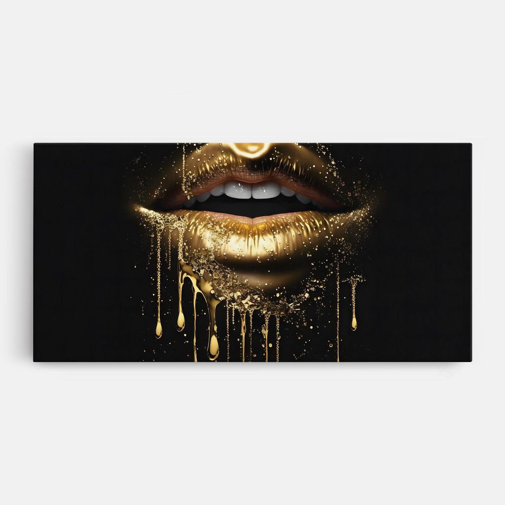 ARTHUB Leinwandbild 40x80 cm, Golden Luxury Lips | Wohnzimmerdekoration, Hängende Bilder, Wanddekoration, Heimdekoration, Frauen, Schwarz und Gold