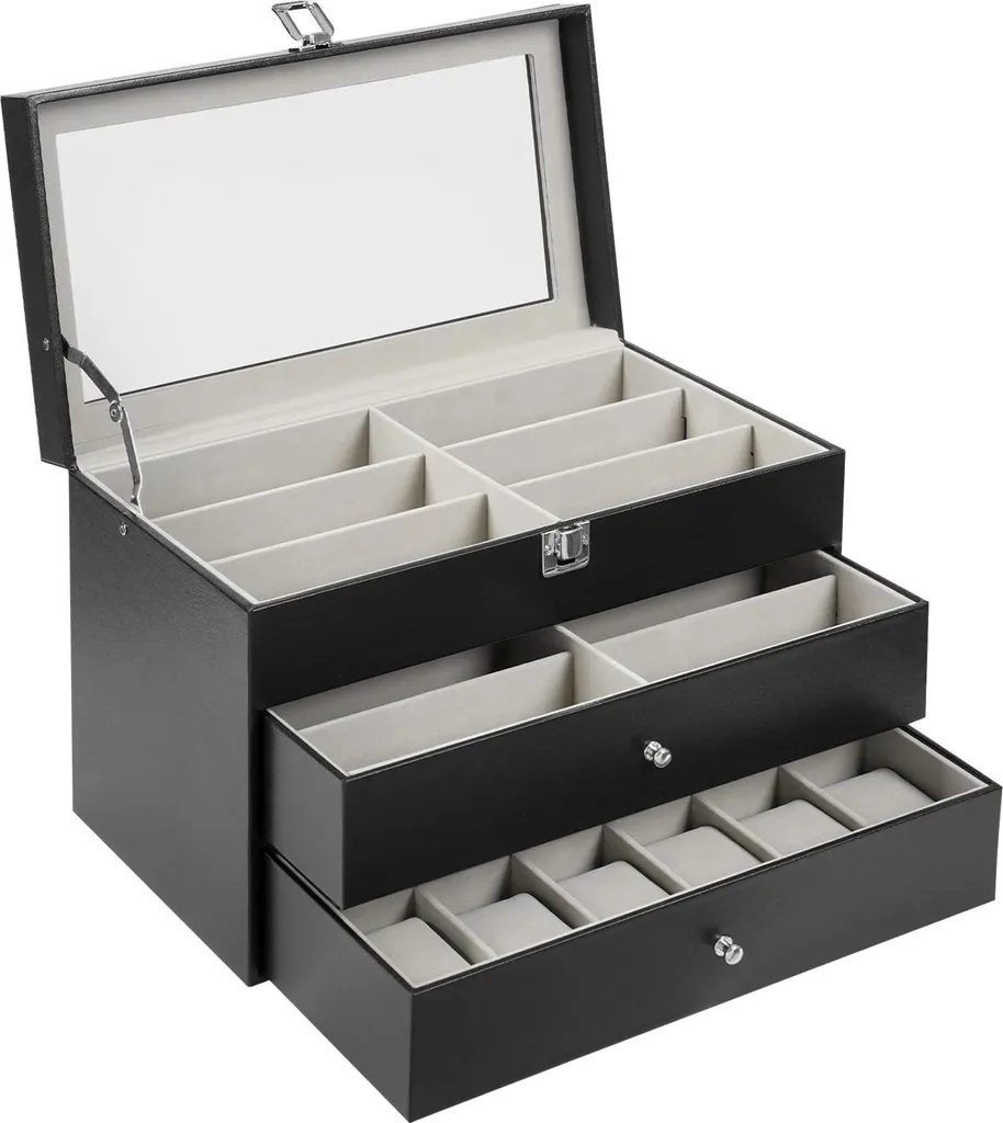 Boîte de rangement montres et lunettes anti-poussière 24 compartiments