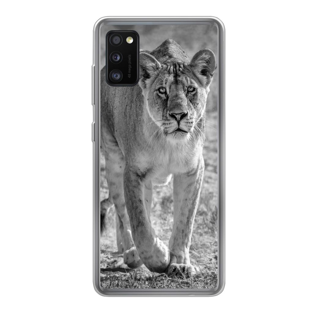 MuchoWow Handyhülle Schutzhülle Hülle für Samsung Galaxy A41 Löwe - Schwarz - Weiß Silikon Softcase Handy Hülle - Mobiltelefon