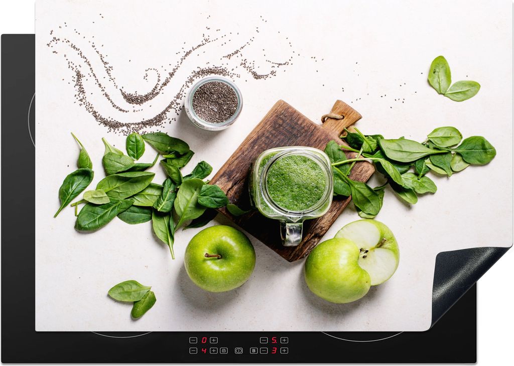 KitchenYeah Herdabdeckplatte Kräuter - Apfel - Smoothie , 75x52cm, Küche Deko, Glaskeramikfeld Herdabdeckung, Abdeckplatte fùr Kochfeld