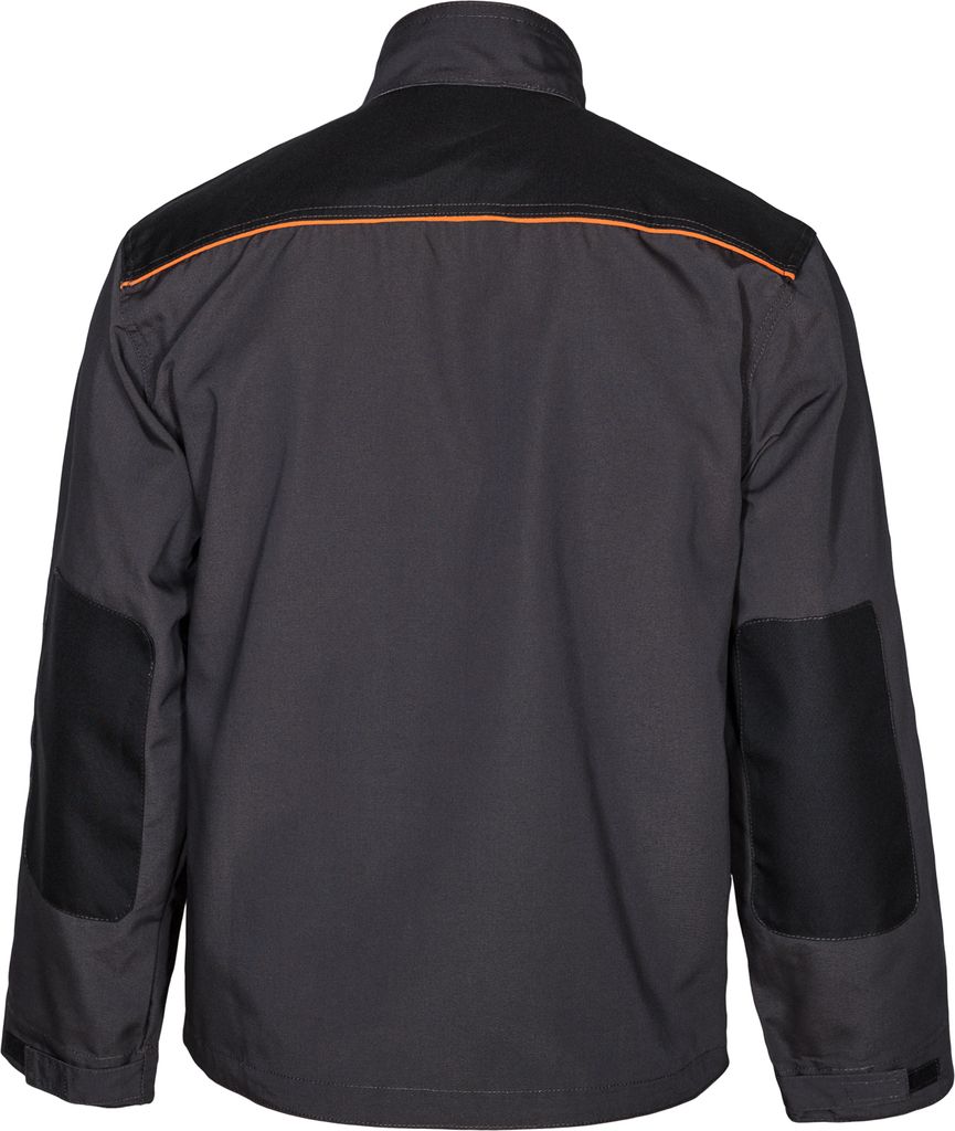 Back view of a gray jacket with black accents.