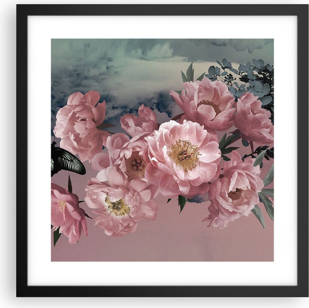 Gerahmtes Poster - Schwarzer Rahmen - Blumen Schmetterling Wolken - 40x40 cm - Wand Bild - Wanddeko - Wandbilder - Kunstposter - Wandposter - Bilde...