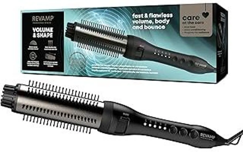 REVAMP Volume & Shape Ceramic Hot Brush Styler - spazzola rotonda riscaldata da 38 mm, ioni con oli Progloss, spazzola termica a riscaldamento rapido, setole retrattili, styling senza grovigli