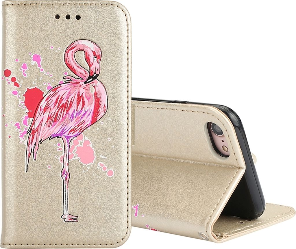 wortek Flip Case iPhone 8 / iPhone 7 | Textil und Kunstleder Handy-Tasche Schutzhülle Bookcase Flipcase | Wallet | Flamingo-Design | Gold