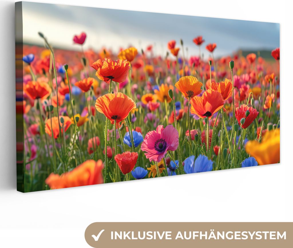 MuchoWow - Leinwandbilder - Blumen - Mohnblumen - Farbenfroh - Natur, Wandbild, Wanddeko Bilder Wohnzimmer, 40x20 cm