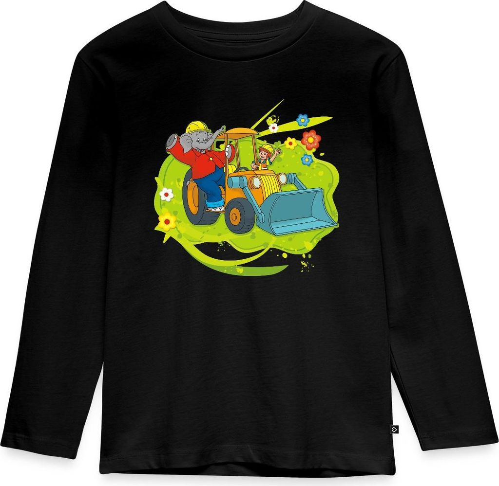 Spreadshirt Benjamin Blümchen Mit Schaufelbagger Kinder Premium Langarmshirt, 134/140 (8 Jahre), Schwarz