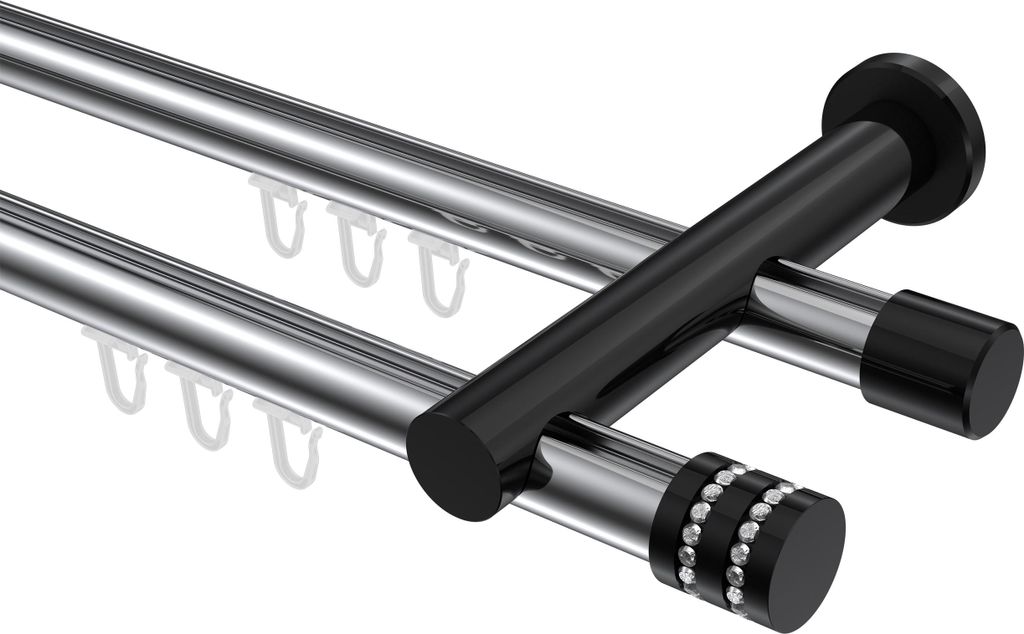 Interdeco Innenlaufstange / Gardinenstange mit Innenlauf Chrom / Schwarz, Typ Platon Estana (Glitzerkappe), 20 mm Ø 2-läufig, 420 cm